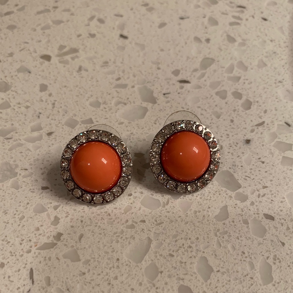 Rhinestone and coral silver stud earrings